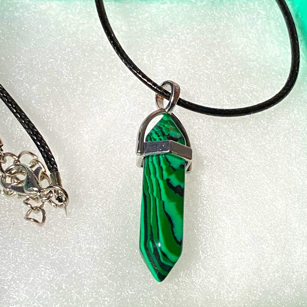 Green Malachite Pendant on black necklace 16-18”